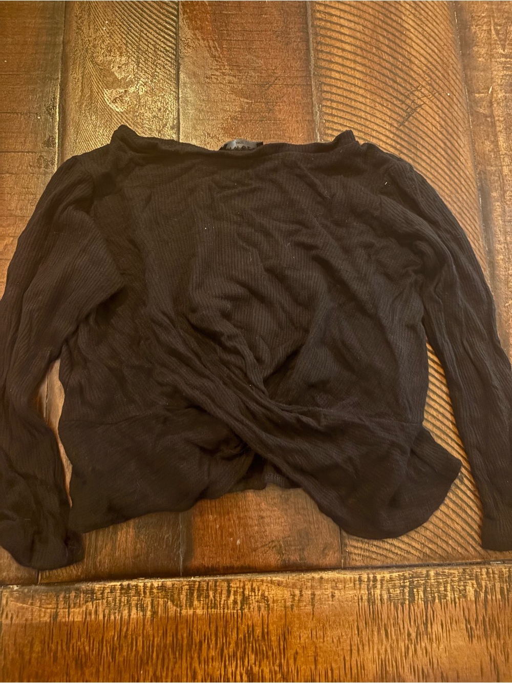 Terez Black Long Sleeve Twist Front Ribbed Top